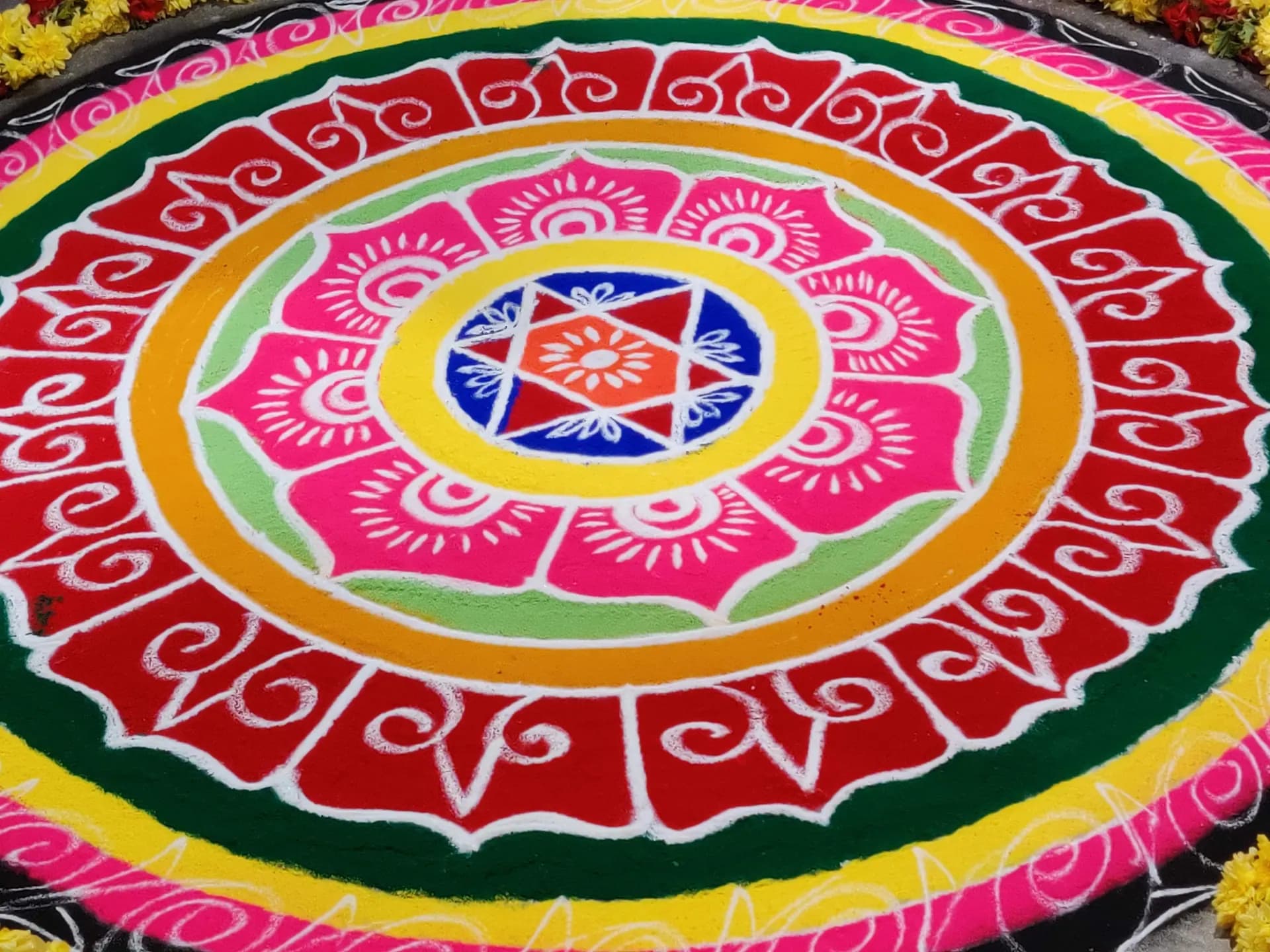 Traditional colorful Hindu rangoli decoration for auspicious puja ceremonies